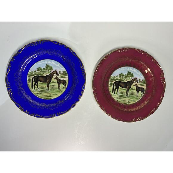 Vibrant Porcelain Plate Set of 2 Horse Cabinet Plates Decor Blue Fuschia Gold - Picture 1 of 12